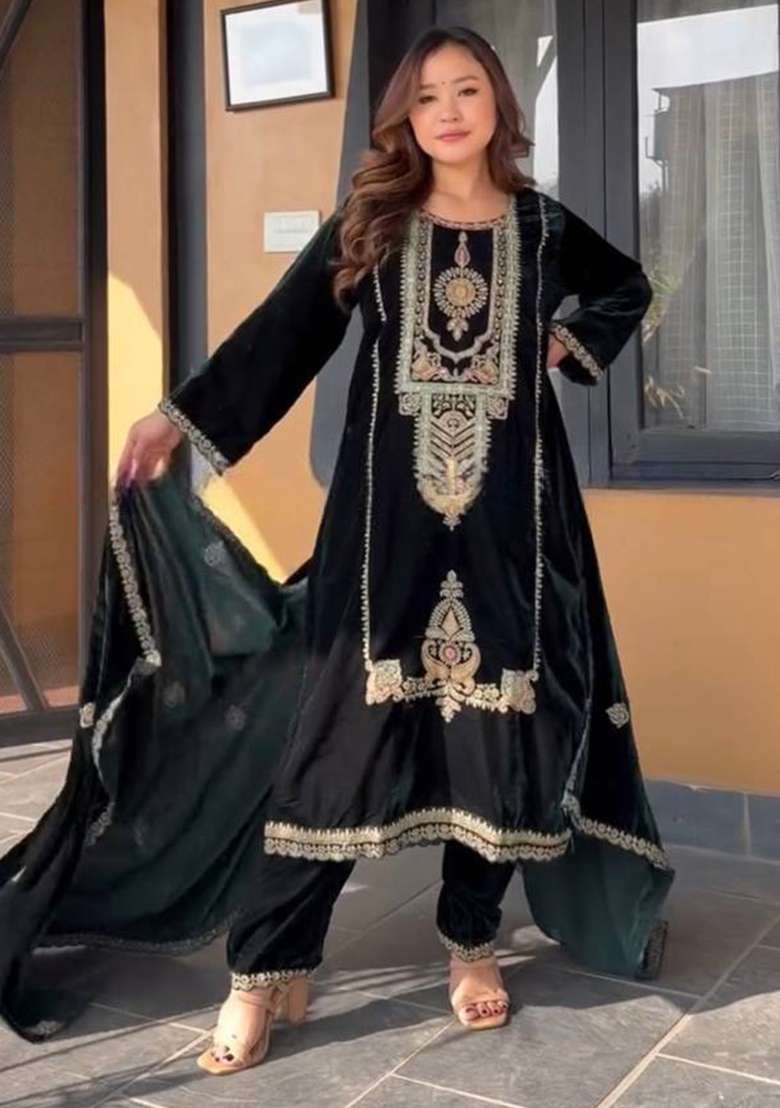 Green Embroidered Velvet Punjabi Suit - Indya