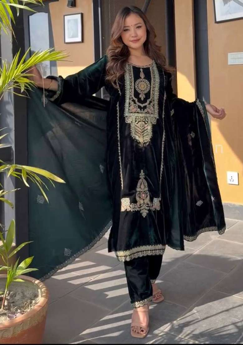 Green Embroidered Velvet Punjabi Suit - Indya