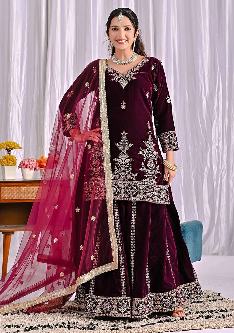 Wine Embroidered Velvet Sharara Set - Indya