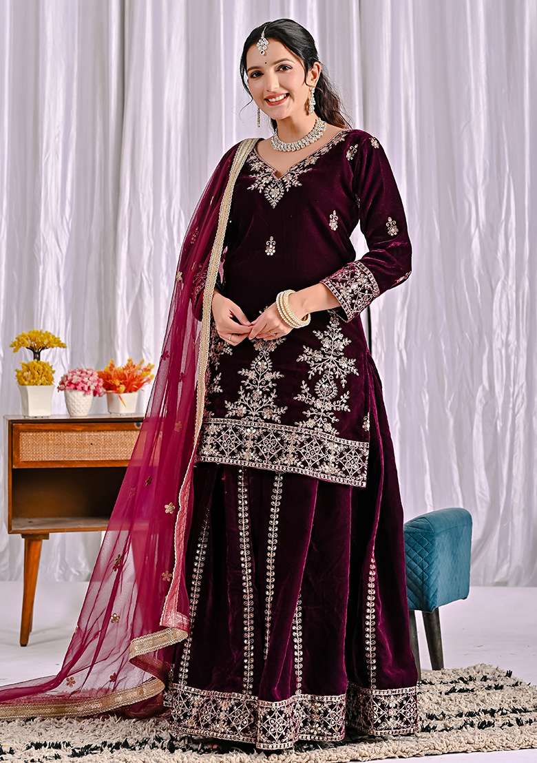Wine Embroidered Velvet Sharara Set - Indya