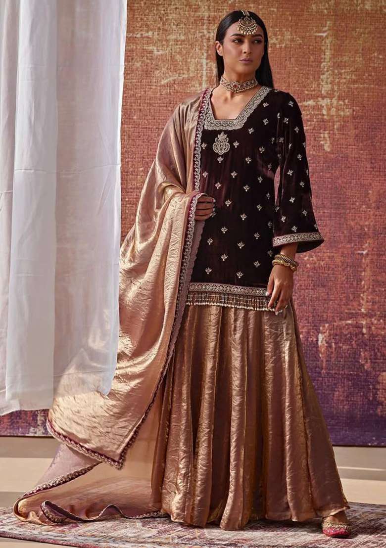 Peach Maroon Embroidered Viscose Sharara Set - Indya