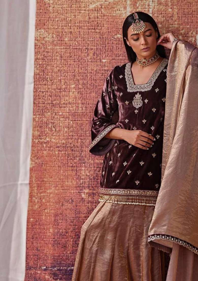 Peach Maroon Embroidered Viscose Sharara Set - Indya