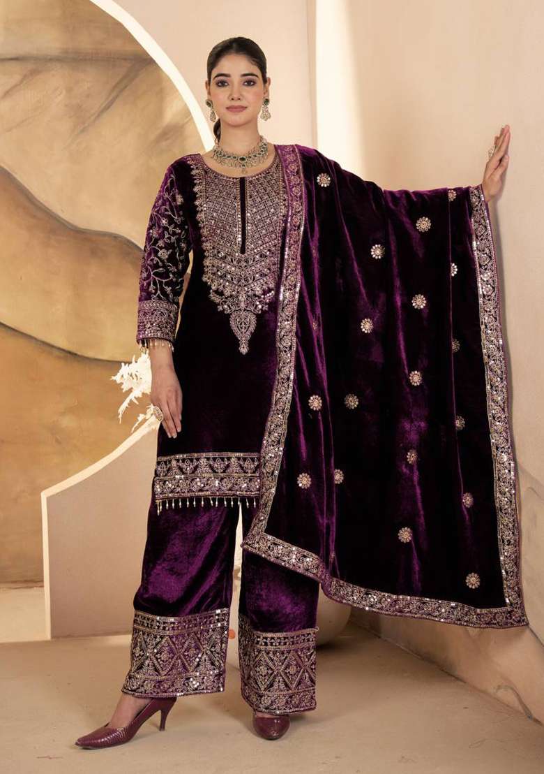 Wine Embroidered Velvet Straight Kurta Set - Indya