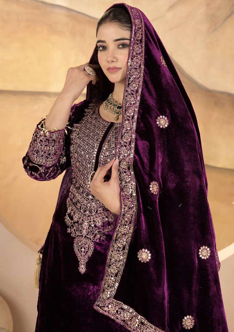 Wine Embroidered Velvet Straight Kurta Set - Indya