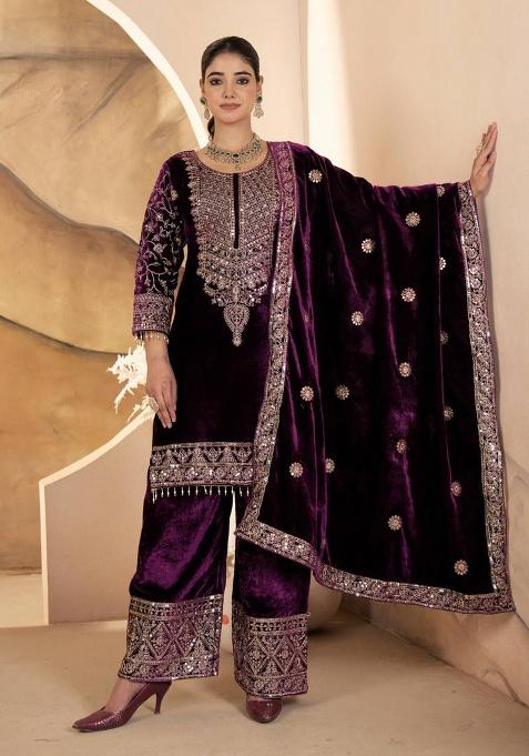 Wine Velvet Viscose Velvet Salwar Suit