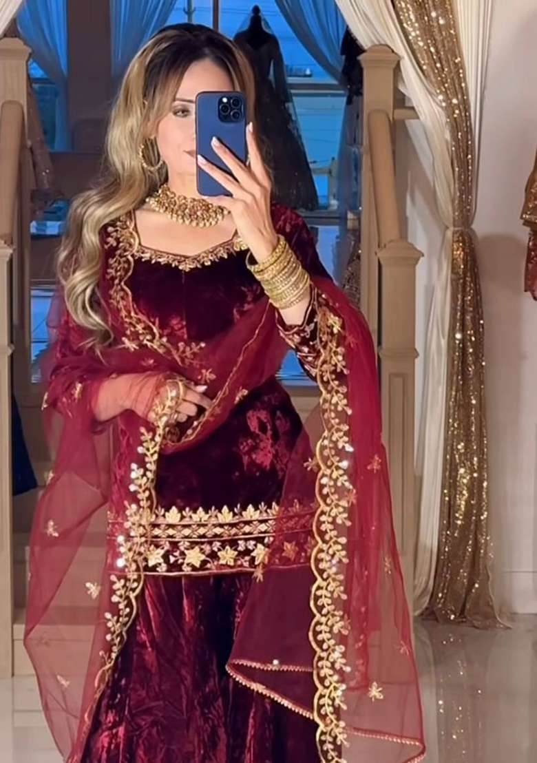Maroon Embroidered Velvet Sharara Set - Indya