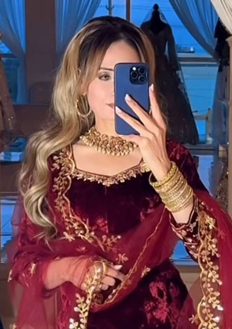 Maroon Embroidered Velvet Sharara Set - Indya