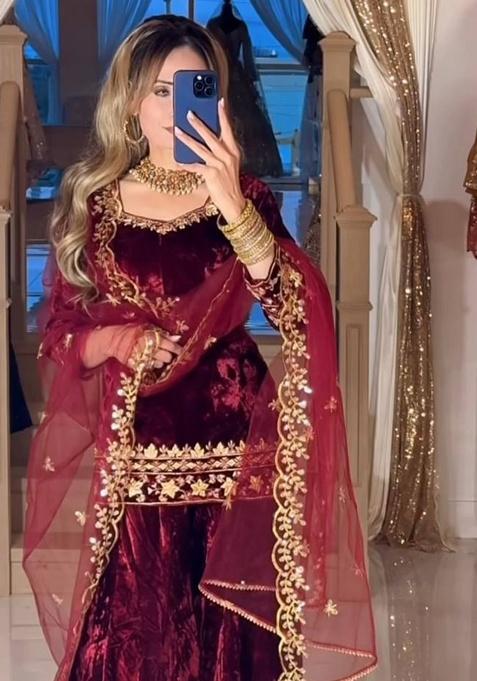 Maroon Velvet Viscose Velvet Salwar Suit