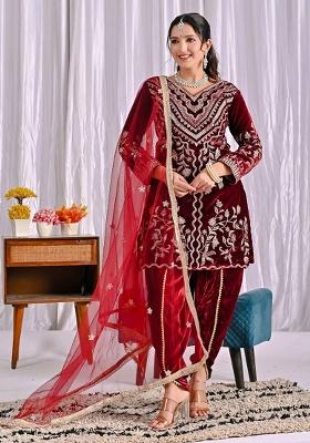 Maroon Velvet Viscose Velvet Salwar Suit