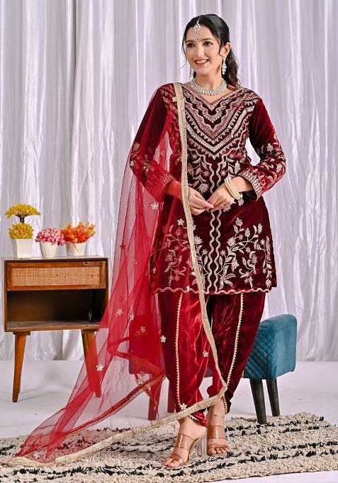 Maroon Velvet Viscose Velvet Salwar Suit
