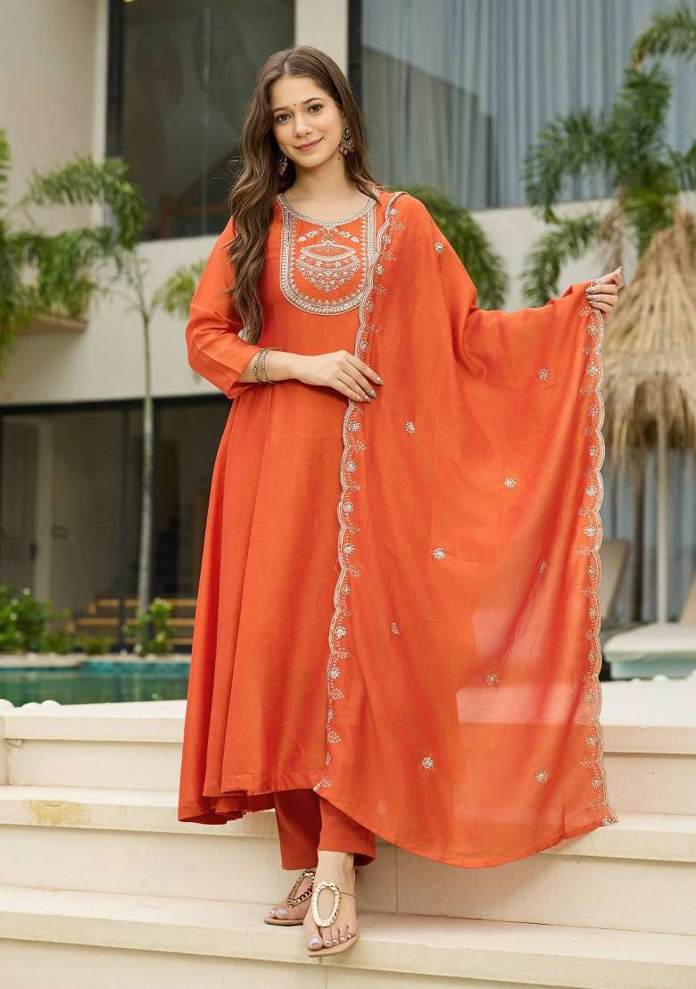 Orange Embroidery Vichitra Silk Kurta Set - Indya