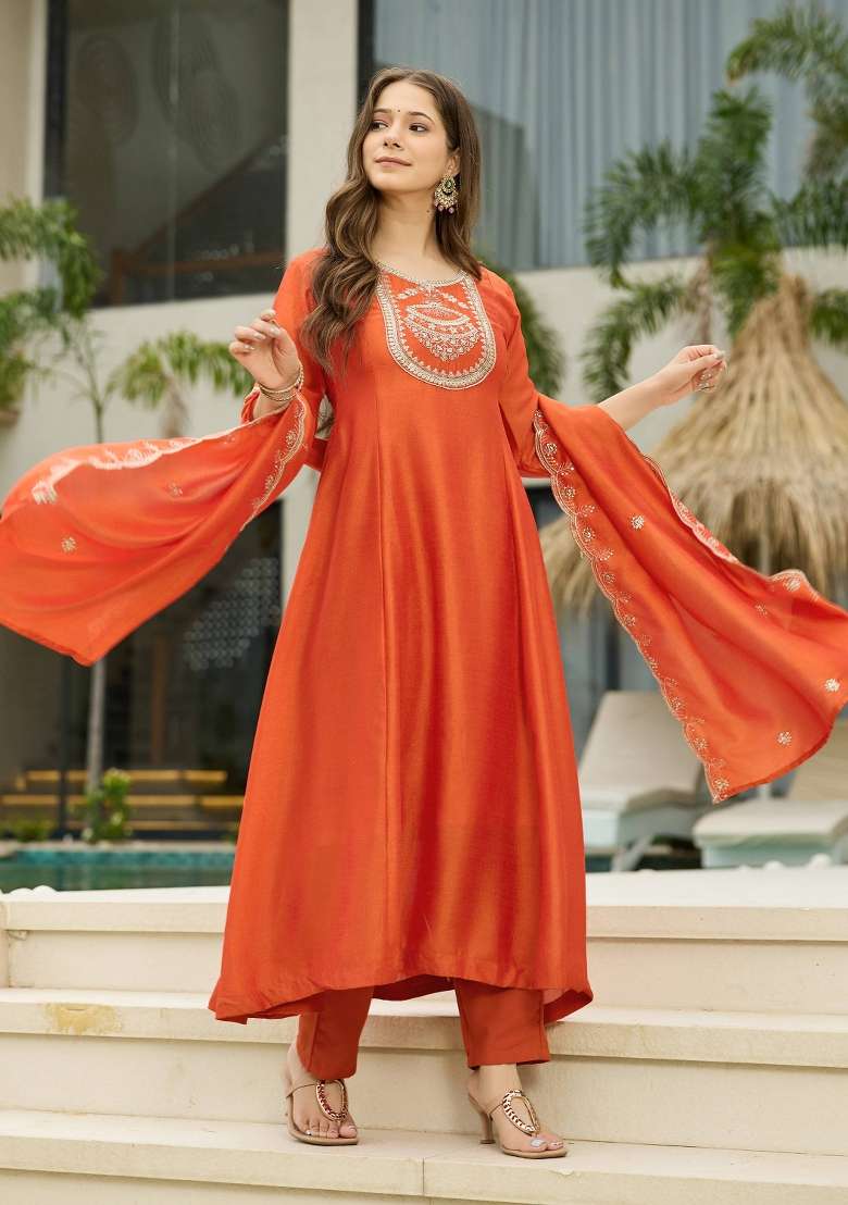 Orange Embroidery Vichitra Silk Kurta Set - Indya