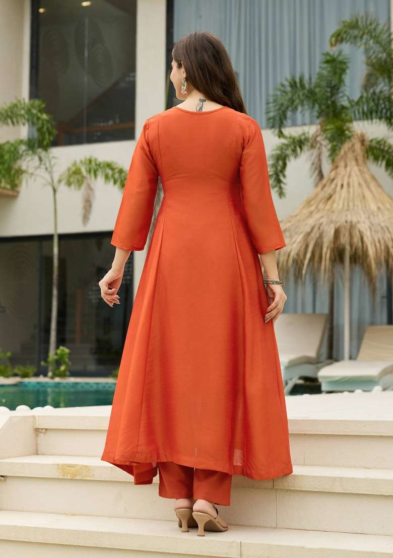 Orange Embroidery Vichitra Silk Kurta Set - Indya