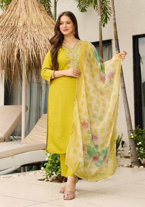 Yellow Embroidery Viscose Kurta Set