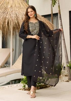 Black Embroidery Viscose Kurta Set