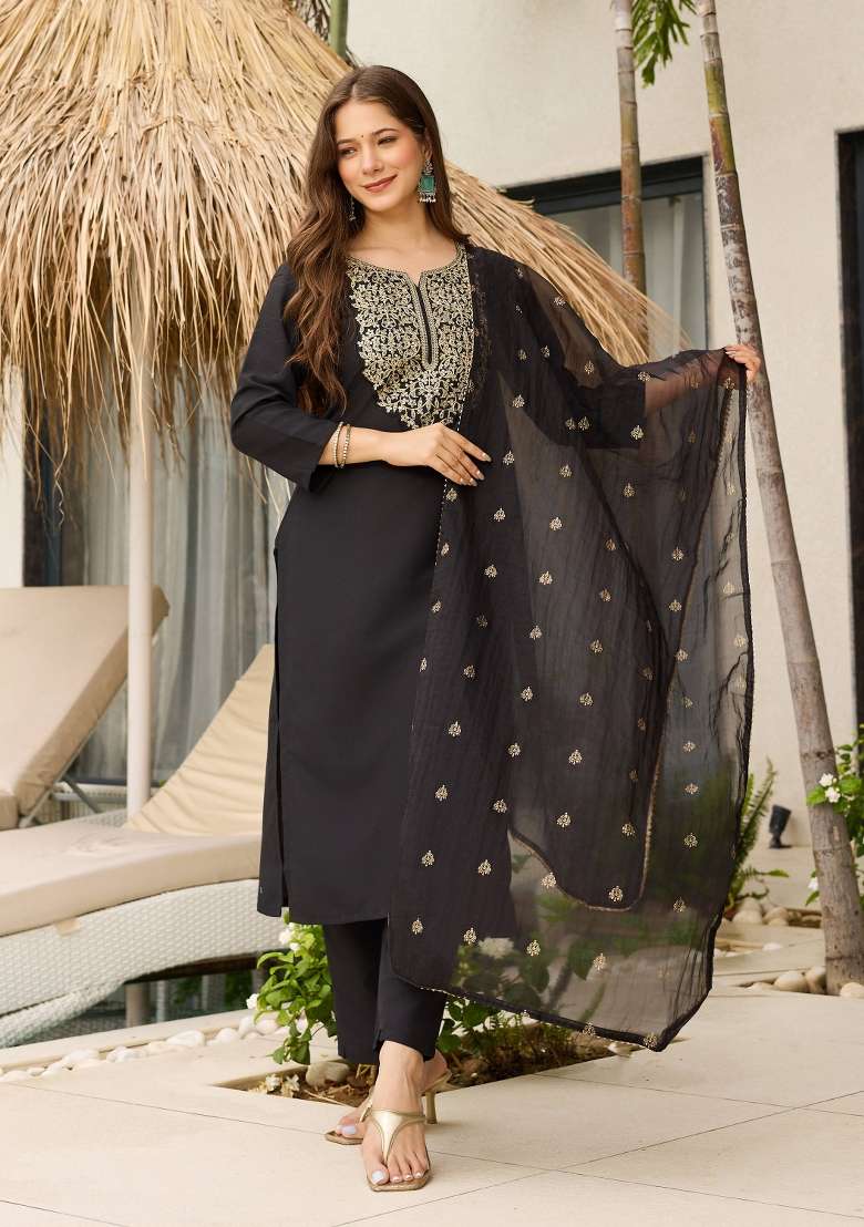 Black Embroidery Viscose Kurta Set - Indya