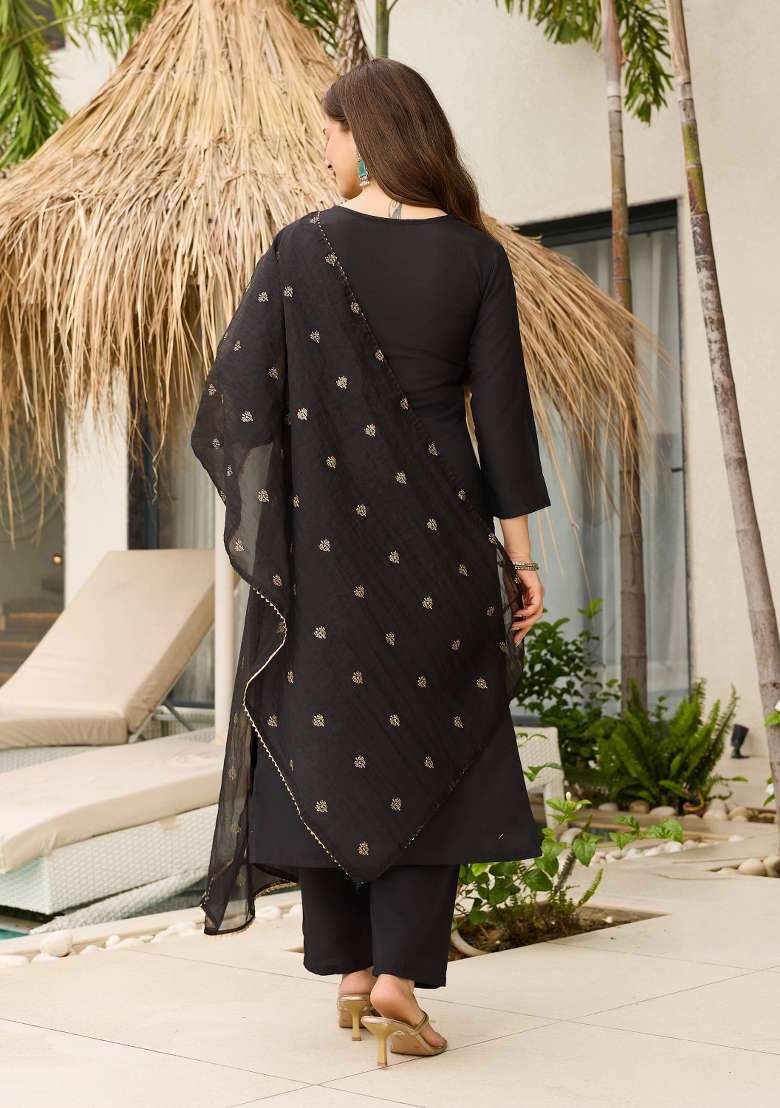 Black Embroidery Viscose Kurta Set - Indya