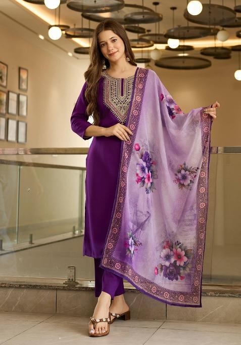 Purple Embroidery Rayon Kurta Set