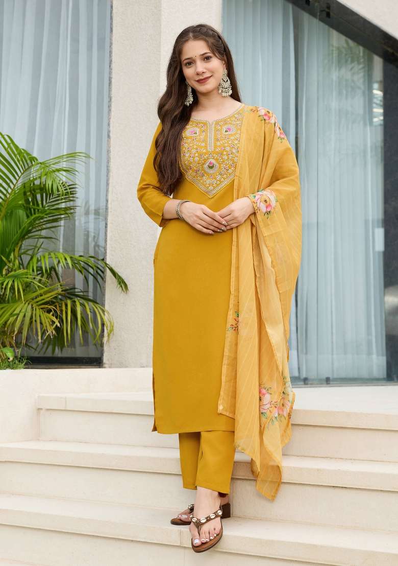Mustard Embroidery Rayon Kurta Set - Indya