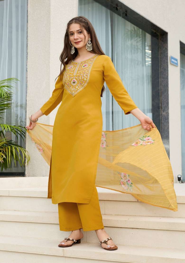 Mustard Embroidery Rayon Kurta Set - Indya
