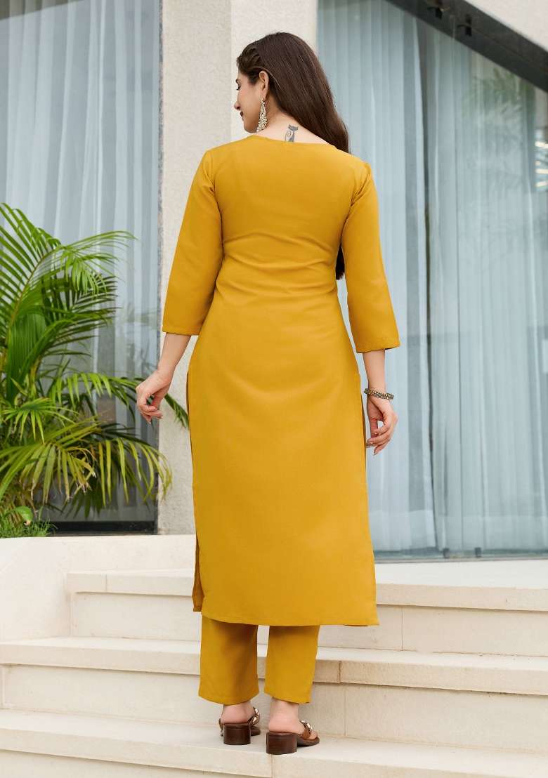 Mustard Embroidery Rayon Kurta Set - Indya