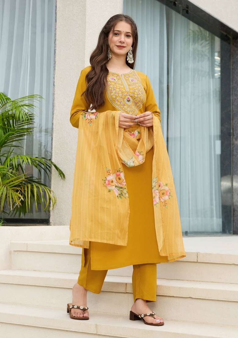 Mustard Embroidery Rayon Kurta Set - Indya