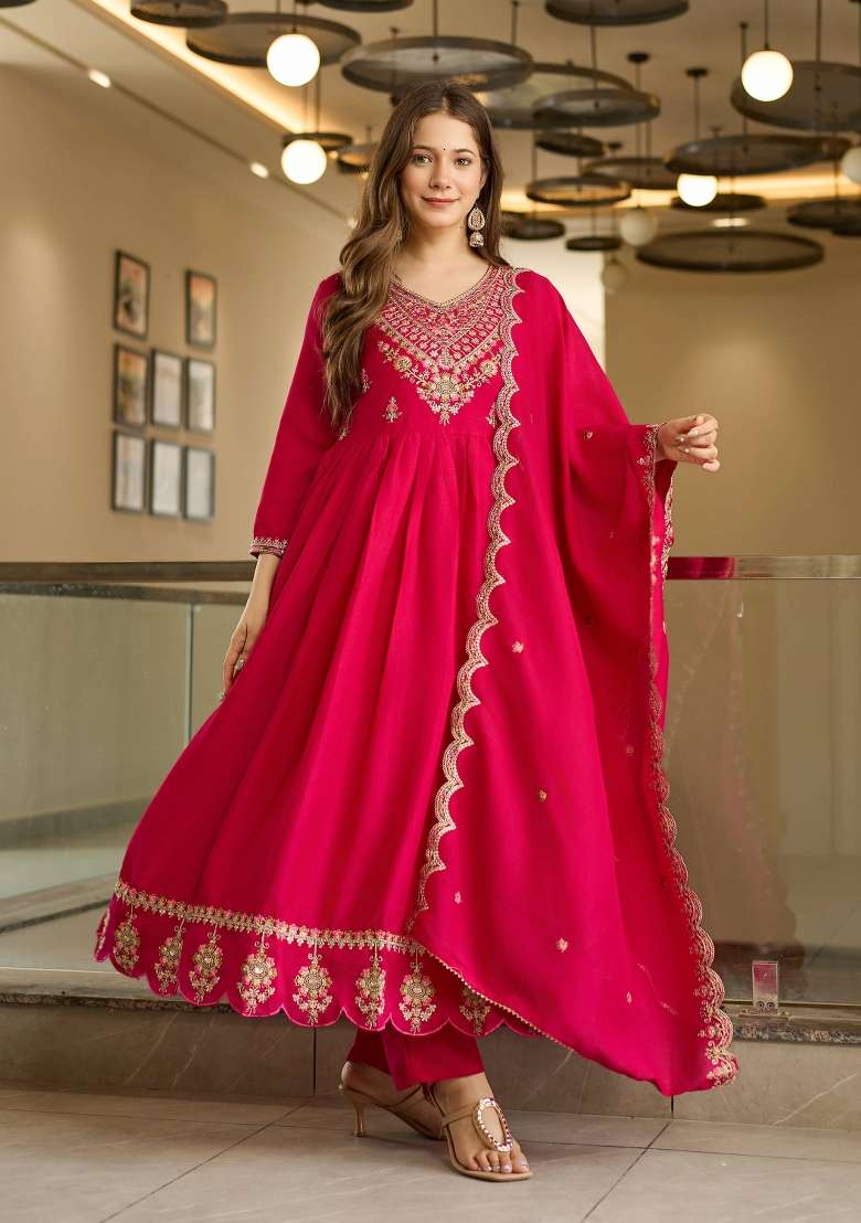 Rani Pink Embroidery Vichitra Silk Kurta Set - Indya