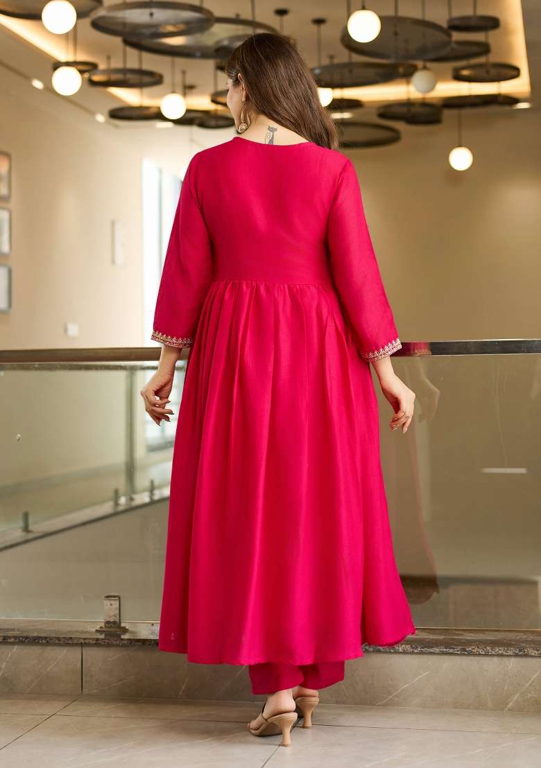 Rani Pink Embroidery Vichitra Silk Kurta Set - Indya
