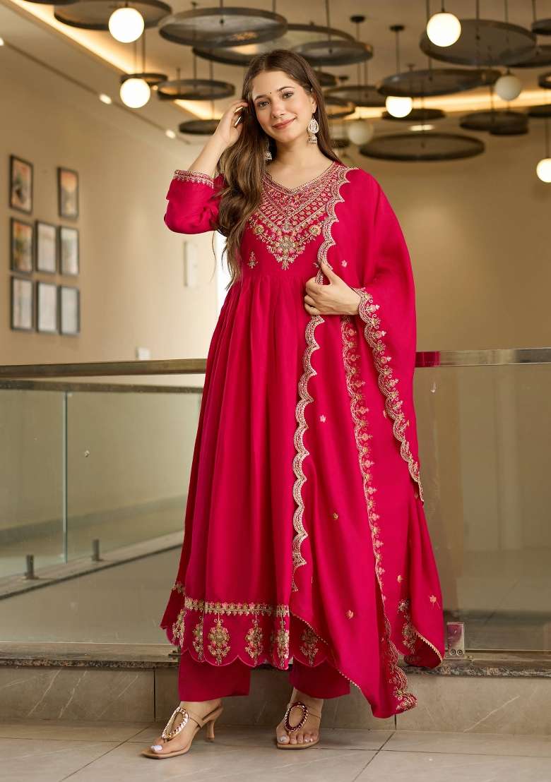 Rani Pink Embroidery Vichitra Silk Kurta Set - Indya