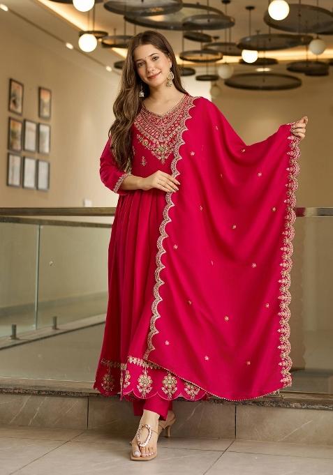 Rani Pink Embroidery Vichitra Silk Kurta Set