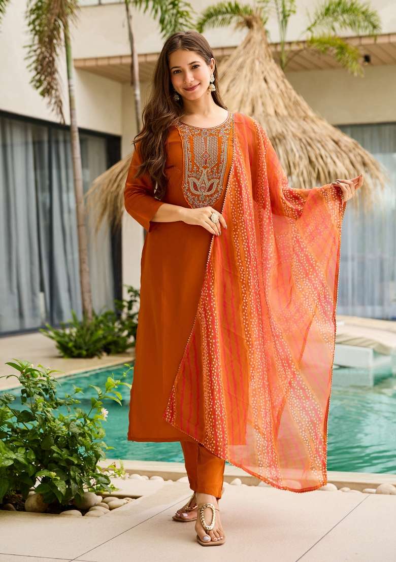 Rust Embroidery Rayon Kurta Set - Indya