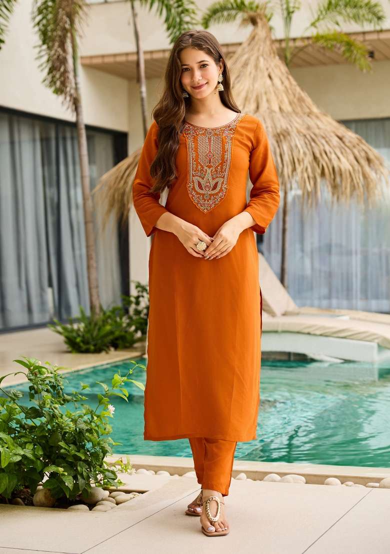 Rust Embroidery Rayon Kurta Set - Indya