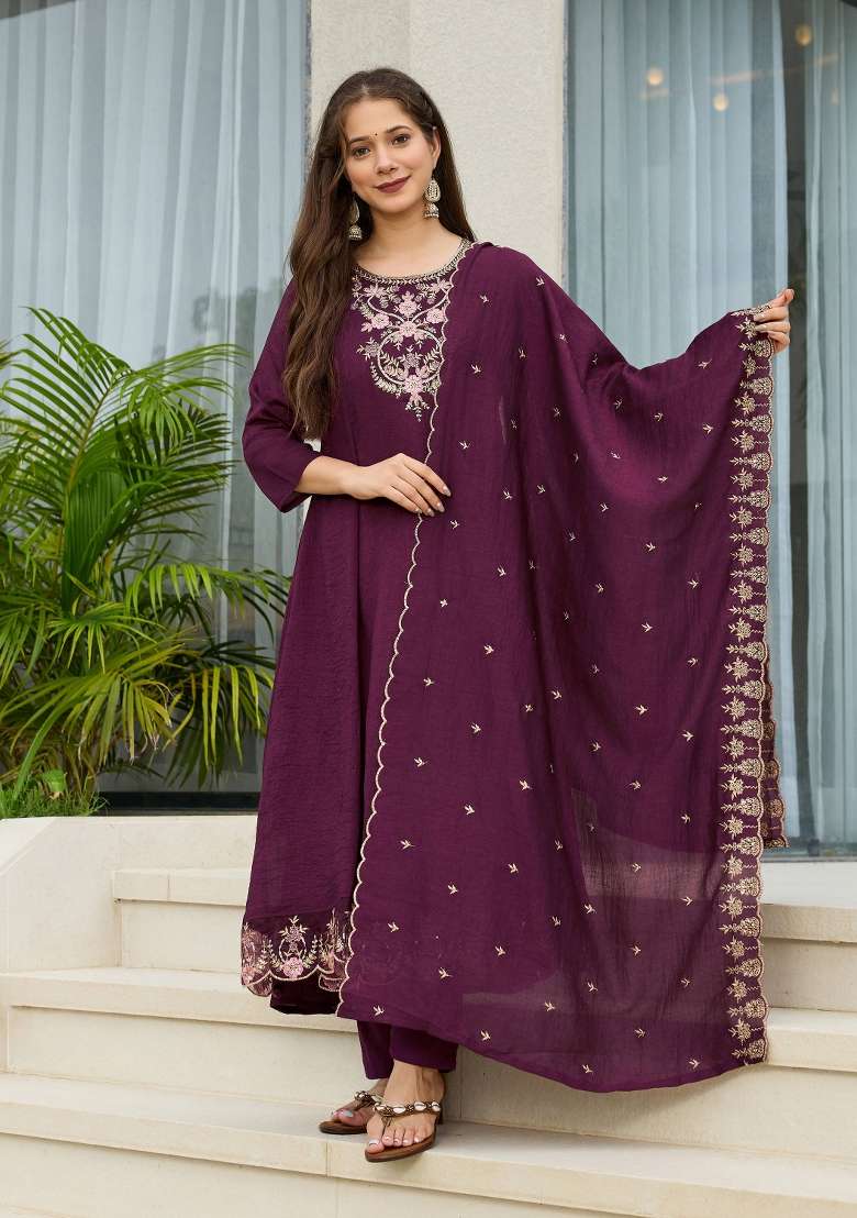 Wine Embroidery Vichitra Silk Kurta Set - Indya