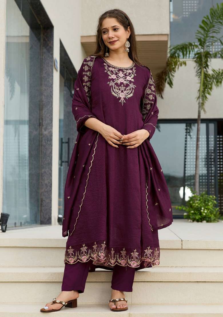 Wine Embroidery Vichitra Silk Kurta Set - Indya