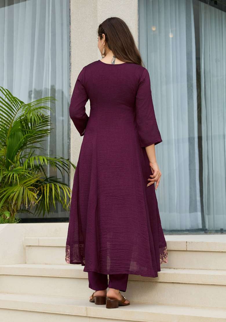 Wine Embroidery Vichitra Silk Kurta Set - Indya