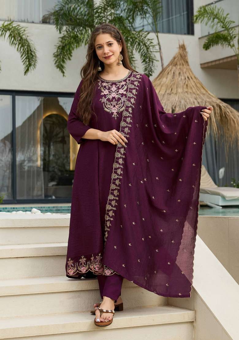 Wine Embroidery Vichitra Silk Kurta Set - Indya
