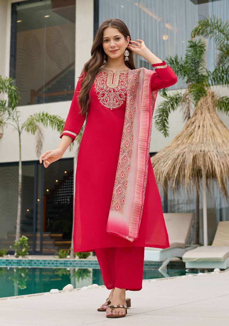 Red Embroidery Rayon Kurta Set - Indya