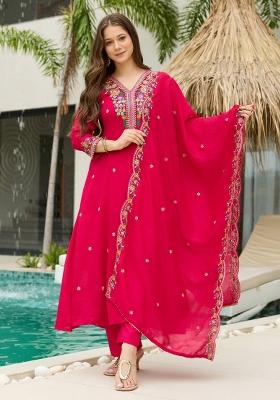 Rani Pink Embroidery Vichitra Silk Kurta Set
