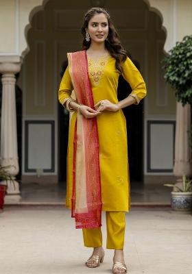 Mustard Embroidery Rayon Kurta Set