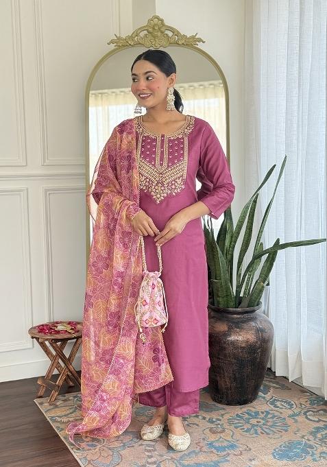 Pink Embroidery Rayon Kurta Set