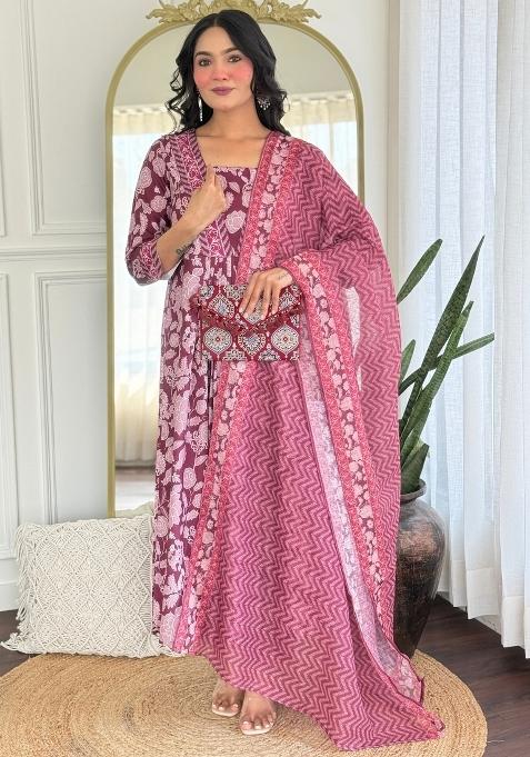 Maroon Printed Rayon Kurta Set