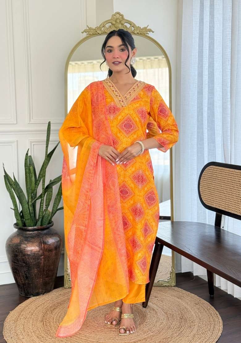 Yellow Embroidery Rayon Kurta Set - Indya