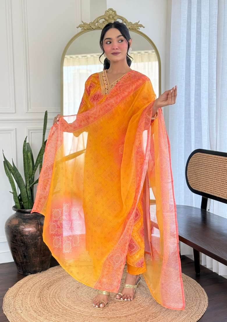 Yellow Embroidery Rayon Kurta Set - Indya