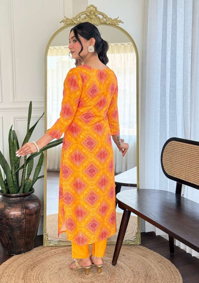 Yellow Embroidery Rayon Kurta Set - Indya