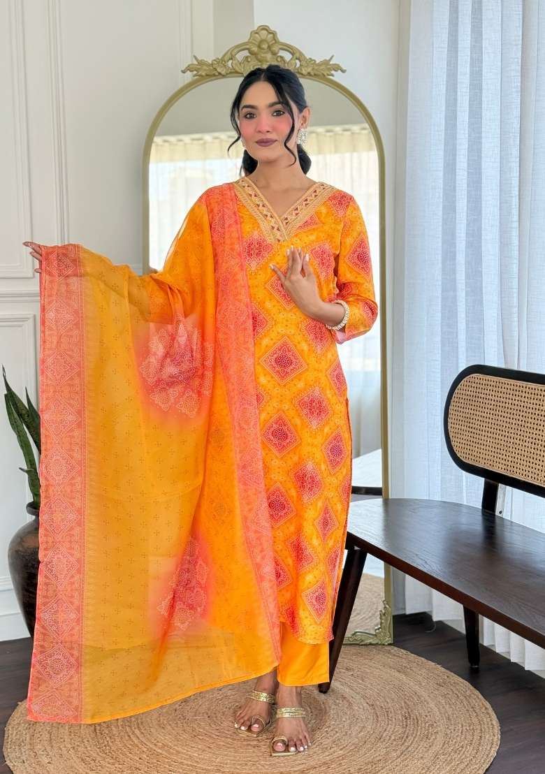 Yellow Embroidery Rayon Kurta Set - Indya