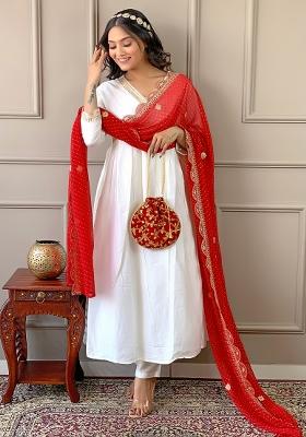 Red Embroidery Chanderi Silk Kurta Set