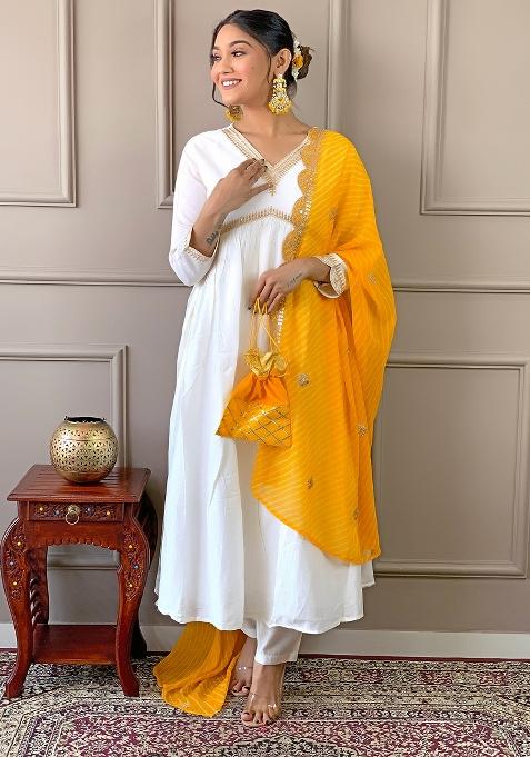 Yellow Embroidery Chanderi Silk Kurta Set
