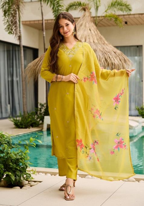 Lemon Embroidery Rayon Kurta Set