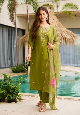 Green Embroidery Viscose Kurta Set