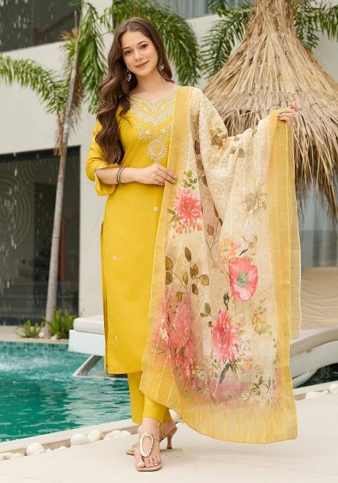 Mustard Embroidery Viscose Kurta Set